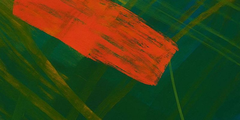 Abstract composition featuring layered brushstrokes of deep green, mustard yellow, and bold red-orange intersecting with hints of blue, creating a textured and expressive modern artwork at District Flats Columbia.