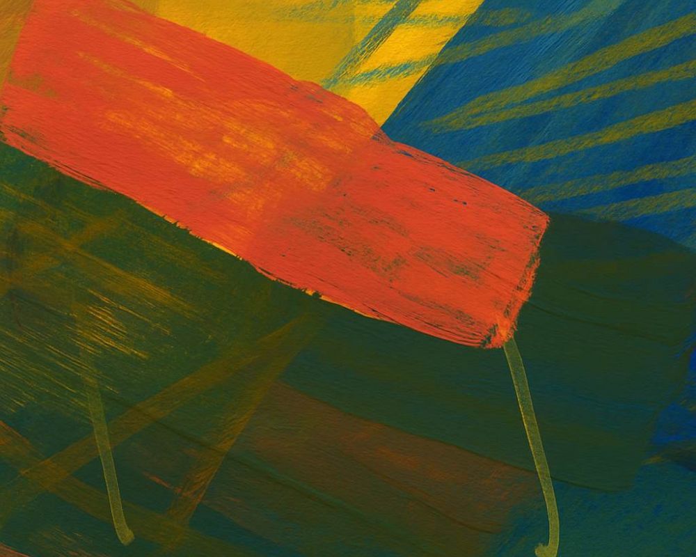 Abstract composition featuring layered brushstrokes of deep green, mustard yellow, and bold red-orange intersecting with hints of blue, creating a textured and expressive modern artwork at District Flats Columbia.