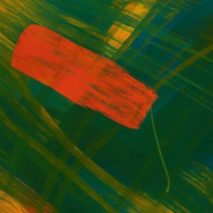 Abstract composition featuring layered brushstrokes of deep green, mustard yellow, and bold red-orange intersecting with hints of blue, creating a textured and expressive modern artwork at District Flats Columbia.