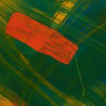 Abstract composition featuring layered brushstrokes of deep green, mustard yellow, and bold red-orange intersecting with hints of blue, creating a textured and expressive modern artwork at District Flats Columbia.